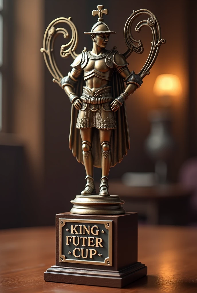 A chess knight trophy that says king futer cup
