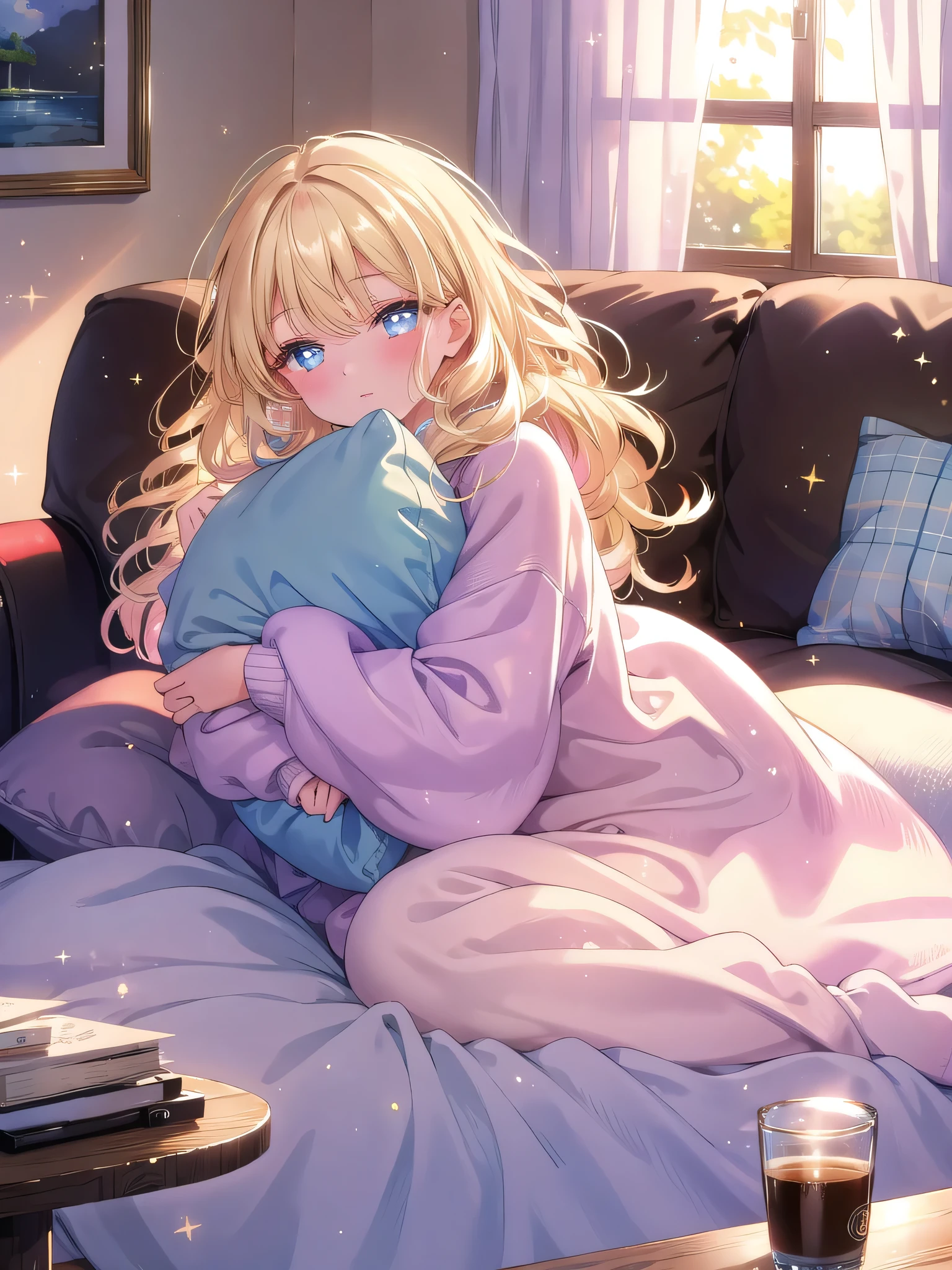 ((8k, Highest quality, masterpiece: 1.3)),Ultra-high resolution,(1 girl, alone), (Color changing eyes, Ultra-detailed, Expressive brilliance, Glitter, Glowing Eyes), Highly detailed eyes, Highly detailed face, Random Hair, ((pastel colour))A young girl with long, straight blonde hair is curled up on a plush couch, fast asleep. She’s dressed in a cozy, oversized sweater and leggings, her expression peaceful and relaxed, with her eyes closed and a soft smile on her lips. Her arms are wrapped around a pillow, and a warm blanket is draped over her. The room is softly lit by the afternoon sun, with the curtains slightly drawn to let in a gentle light. The coffee table holds a half-finished cup of tea and a book, suggesting a lazy afternoon. The overall atmosphere is one of warmth and comfort, perfect for a quiet nap.