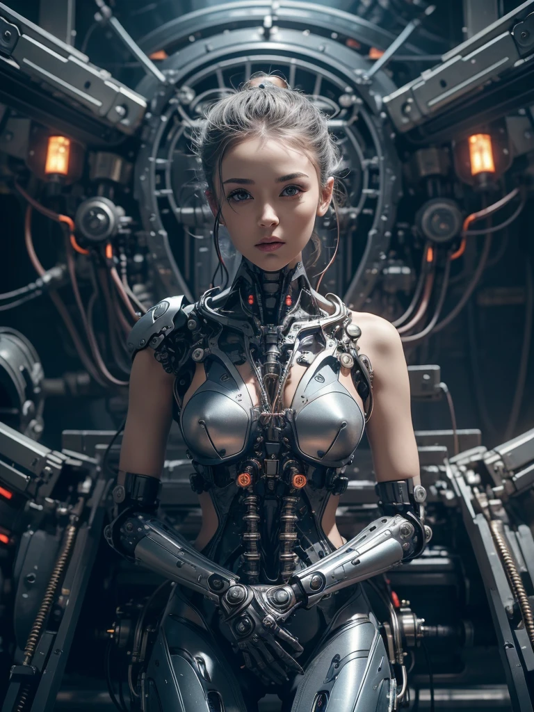 Wiring piping weapon background、Cyborg Robot、Wear、mechanical background、Wires from the cockpit、masterpiece、Cute female mechanical limbs, Tubes connected to machine parts, Mechanical vertebrae attached to the spine, Mechanical cervical attachment to the neck, Wires and cables connected to the head, Global Illumination, Deep Shadow, Octane Rendering, 8k, Ultra Sharp, Metal, Intricate decorative details,, Very intricate details, Ultimate Weapon、shoulder machinery　Shoumai Machinery、Arm Machine、Half Face Robot、顔半分Metalパーツ、Half cyborg、Cable from head、Cable from the foot、