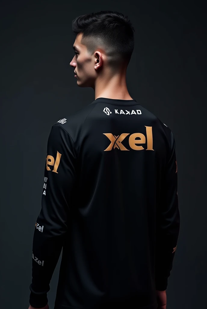 a very close back shot with side pose of a skinny guy wearing a black eSports jersey with long sleeves with sponsorships on the back of the jersey and with "XEL" written on the back with medium letters with black background