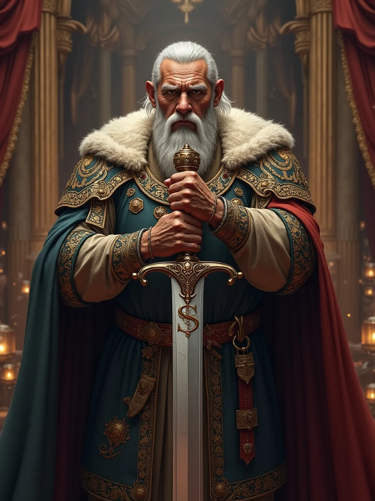 Laz king holding a sword with the letter s in his hand