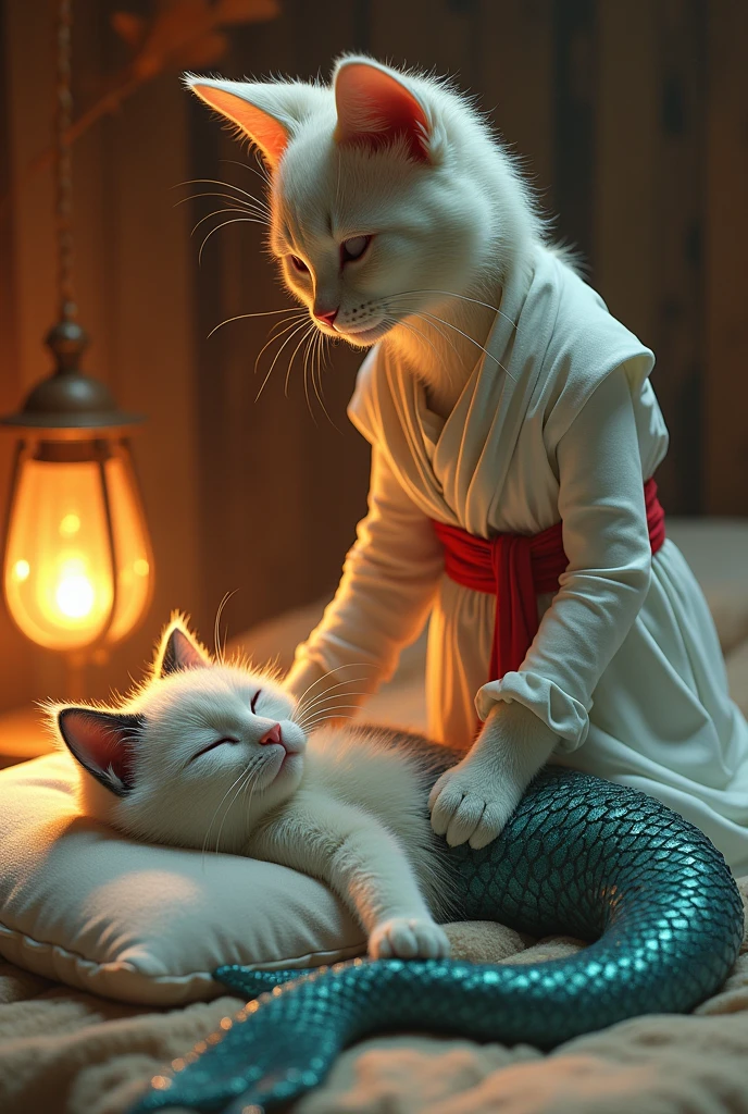 A whimsical illustration featuring a cat character dressed in a white tunic and red belt, standing over a bed. In the bed, a sleeping mermaid with a fish tail and cat-like features rests on a pillow, while a soft glow from a nearby lantern illuminates the scene. The setting has a cozy, rustic feel, with wooden walls and a serene atmosphere. Cinematic style hyperrealistic, high quality, ultra realistic, high quality portrait, Cinematic Background,