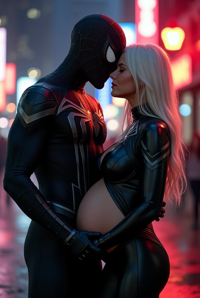 A stunning portrait of Spider-Man in his black suit embracing Felicia Hardy as the marvel character Black Cat, young and beautiful, hyper realistic, real portrait, backlit, exquisite features, cleavage, sexy, seductive, her hair is white, she is wearing a black leather body suit unzipped to her belly button, location is city at night. Neon lights, large breasts, athletic body, narrow waist, wide hips, she is nine months pregnant, her belly is exposed, Spider-Man’s suit is only black and white