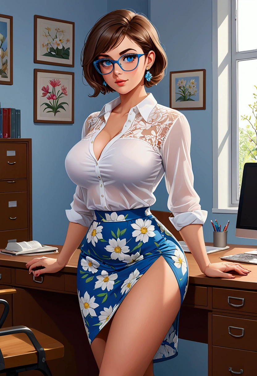 20 years old woman, Short brown hair, Méditerranéenne aux blue eye, Generous and heavy breasts, slender waist, estomac defini, fesses rebondies et pulpeuses, naturally curved, muscular thighs, aguicheuse, au bureau, in a long floral skirt and a transparent white blouse , lunettes, earrings , blue eye, soutien gorge dentelle blanc, Next to, talons