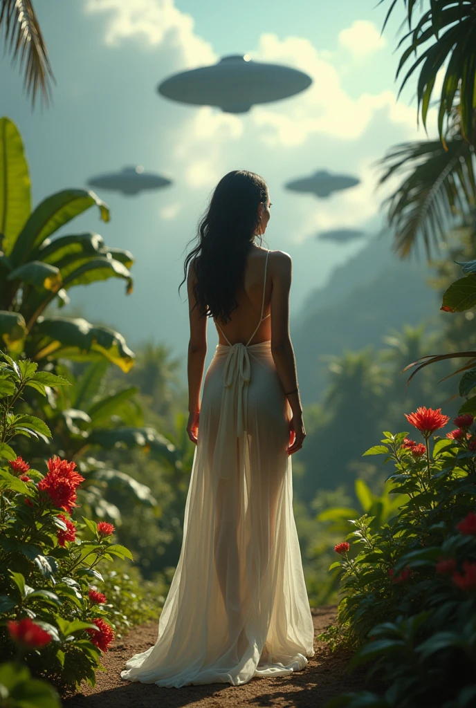 A beautiful Brazilian woman in a tropical garden, wearing an almost transparent white dress, with delicate red flowers and low-cut, looking scared at the sky, observing the silhouette of ships of a supposed alien invasion, with a close-up capturing the harmonious beauty between the curves of your body, almost exposed because he wasn't wearing underwear, and the natural flowers.