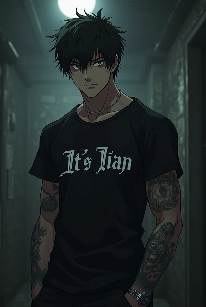 Dark anime character tattooed Chinese man with the letters "It's ian" on the t-shirt with a dark background smoking