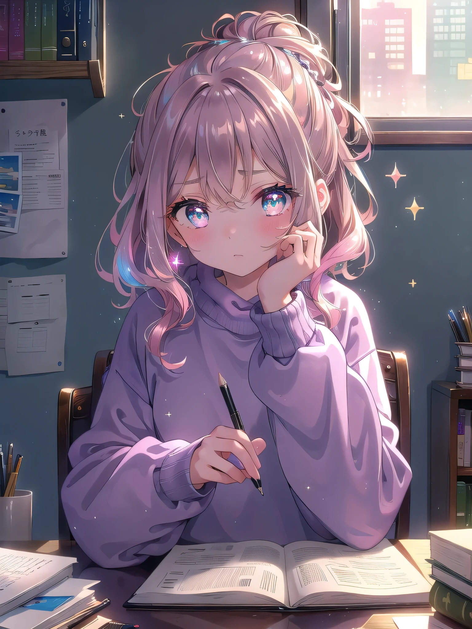 ((8k, Highest quality, masterpiece: 1.3)),Ultra-high resolution,(1 girl, alone), (Color changing eyes, Ultra-detailed, Expressive brilliance, Glitter, Glowing Eyes), Highly detailed eyes, Highly detailed face, Random Hair, ((pastel colour))A young girl with dark, wavy hair tied back in a loose bun sits at her desk, working on a school assignment. She’s wearing a comfortable, loose-fitting sweatshirt, her expression one of deep concentration as she writes in her notebook. Her eyes are focused on the page, but she occasionally looks up at the camera with a thoughtful, determined gaze, her brow slightly furrowed in focus. The room is dimly lit, with a desk lamp casting a warm glow over her workspace. The walls are adorned with a few posters, and the desk is cluttered with papers, pencils, and a calculator, evidence of a busy study session.