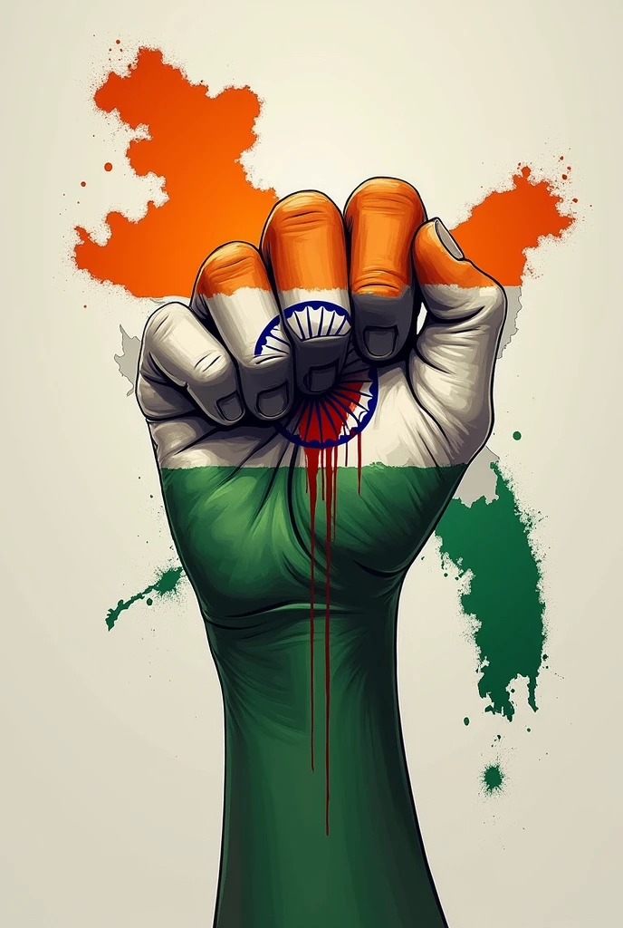 Aesthetic indian flag in shape of hand that is grabbing Bangladesh map and blood dripping from it. It should look like acrylic painting. 