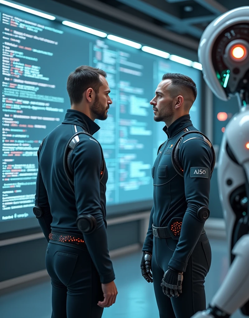 Create images of two male engineers discussing AI code in a futuristic tech lab, with an AI robot in maintenance next to them.