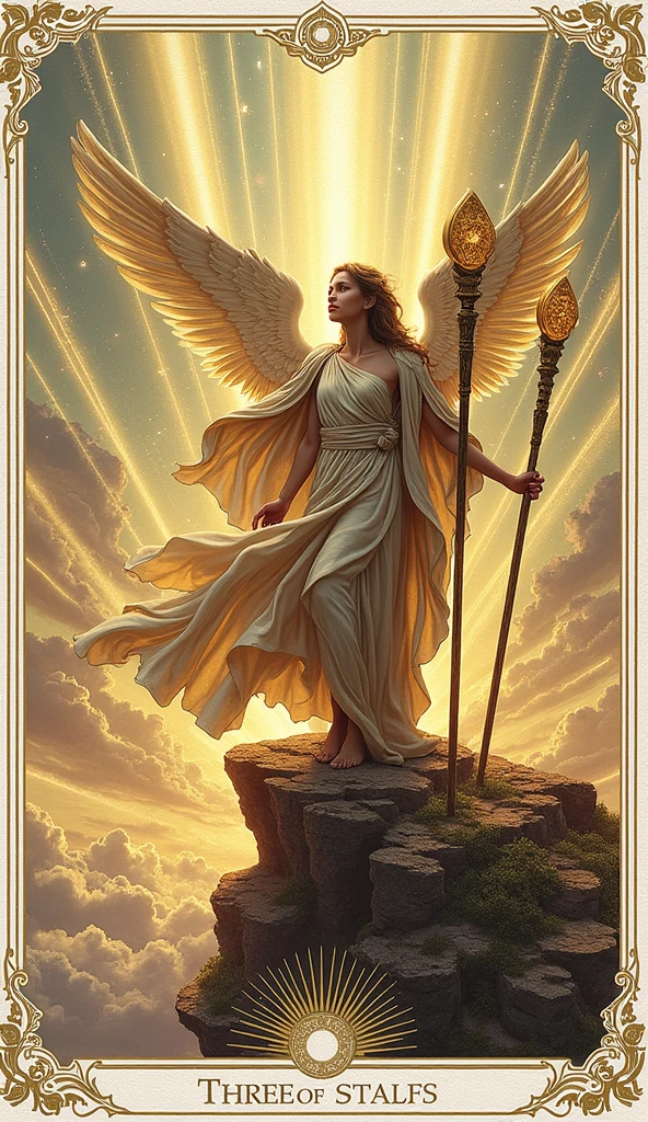 Create a detailed and awe-inspiring image for the Three of Staffs in the Lumen Angelis Tarot deck. There must be three luminous staffs prominently featured in the scene, representing growth, foresight, and leadership. An angelic figure, standing on the edge of a heavenly cliff, holds one staff firmly in their hand, while the other two staffs are planted securely in the ground at either side, forming a triangular formation.

The angel is surrounded by ethereal light, with their wings spread wide, catching the divine glow that bathes the entire landscape. The three staffs are each uniquely designed, with intricate celestial carvings and a radiant, pulsing aura that distinguishes them from each other. Ensure that the three staffs are clearly visible, each emanating its own distinct energy.

In the background, three beams of radiant light stretch across the sky, symbolizing the angel's vision and the limitless potential that lies ahead. The celestial landscape below is bathed in a warm, golden light, emphasizing the future rewards and opportunities. The angel's gaze is directed outward, reflecting exploration and leadership, with the three staffs central to the image, reinforcing the card's symbolic meaning.