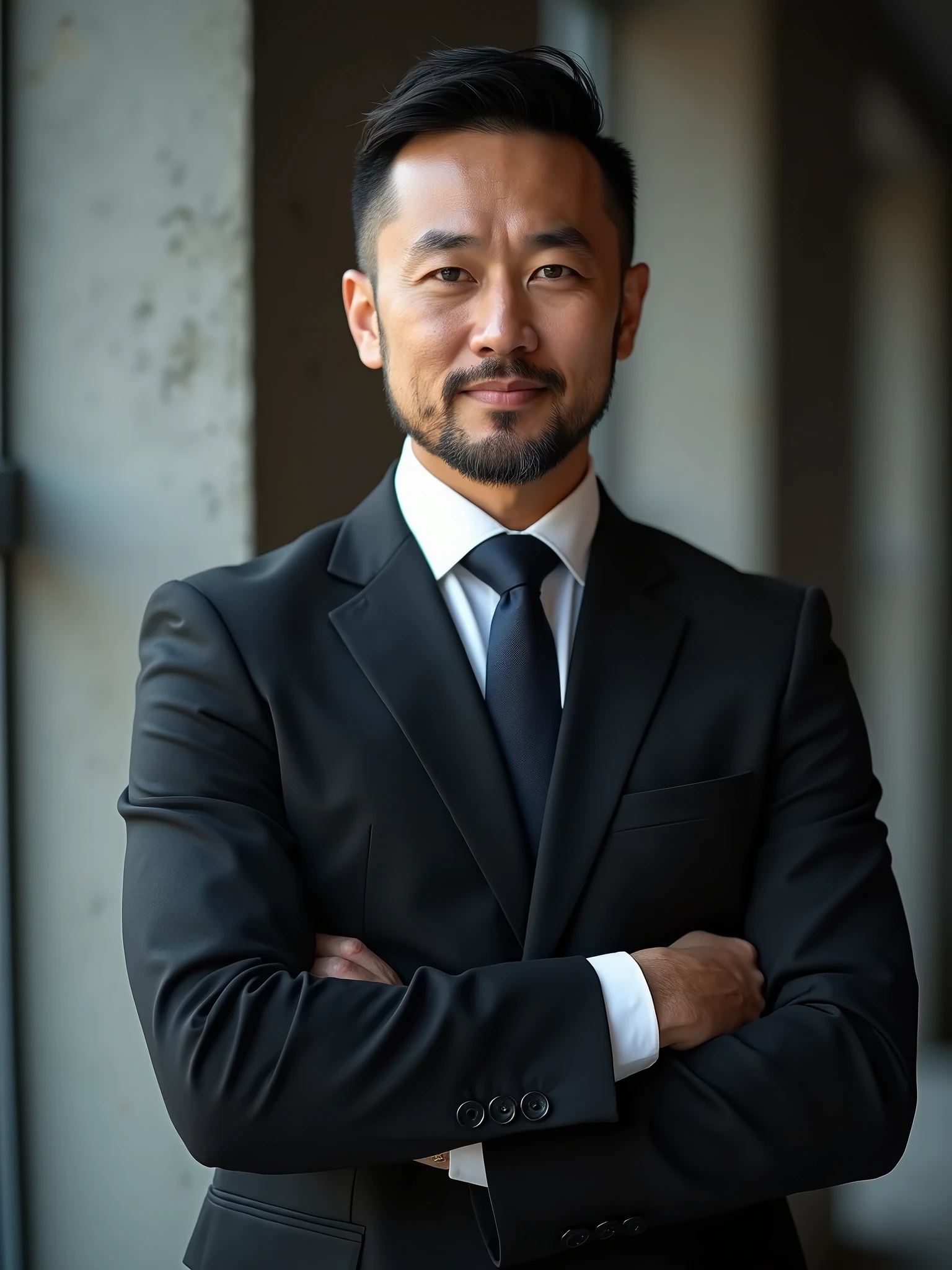 A professional man in a classic 3/4 pose, dressed in a dark business suit, appearing in a formal and polished setting. This profile photo is ideal for social media, with the man displaying confidence and sophistication typical of business professionals. The background is simple and slightly blurred to maintain focus on the subject, emphasizing his business attire and poised demeanor.