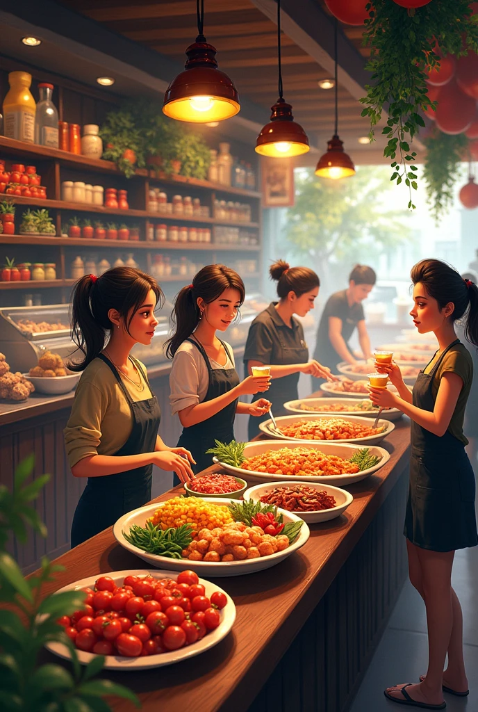 The shop is thriving; the counter is full of fresh ingredients and customers are enjoying their meals.
