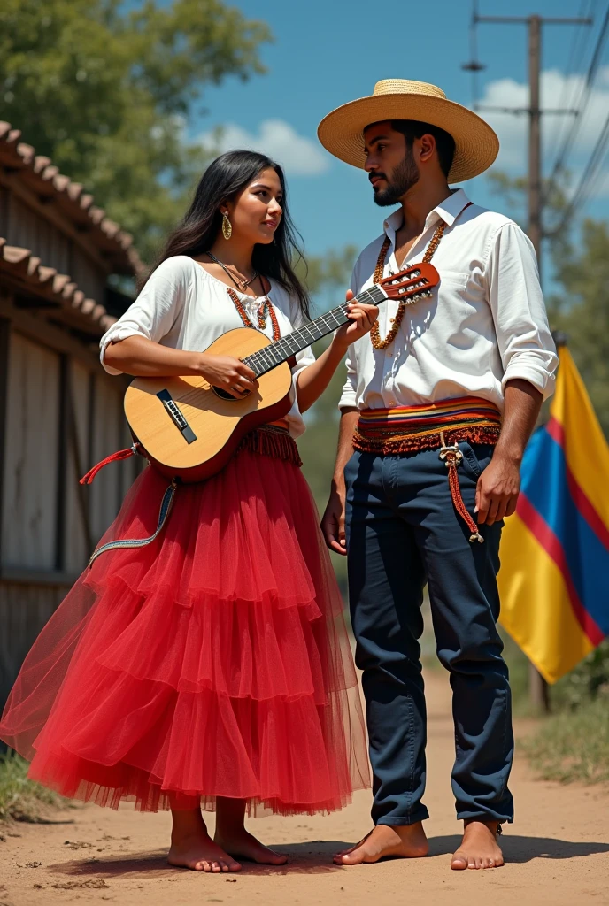 Create a couple of young people with typical Paraguayan costumes, Men must wear a white shirt, multi-colored belt and dark navy blue pants and no shoes. The man must hold a Paraguayan harp and must wear a wide-brimmed straw hat.. The woman holding the guitar, The woman's dress must be made of red tulle, with sash of various colors and white fabric blouse. Also without shoes. Add a Paraguayan flag to the image. The features of the young people must be aboriginal Guaranies. Must have a harp and a guitar