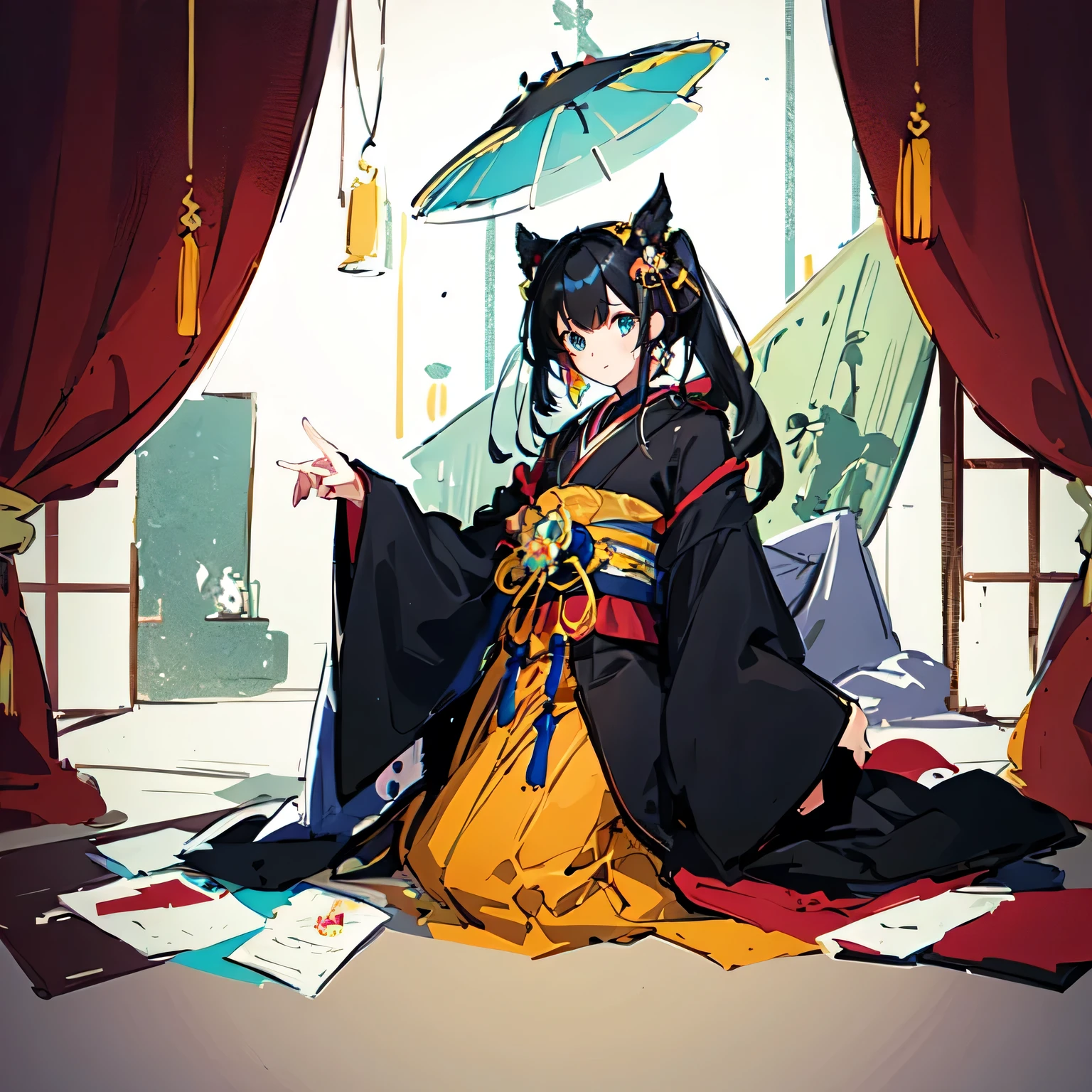 (Highest quality, sketch:1.2),Illustrator, masterpiece, Style: Taisho retro room、 Classic, Dark Black、Japanese style、Japan、I&#39;m in the room、smile, good look kimono、Haori、Shoji screen、Flower knot