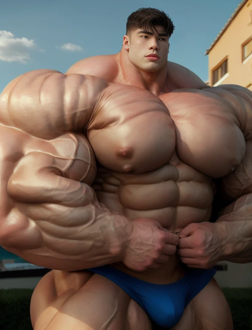 1boy, giant, asian, solo, giant bodybuilder, golden hour, strong body, bulk, large size, standing and leaning on any wall, outdoor, nude, blue triangular underwear with enormous bulge, extraordinary big, brutalmass, giant muscular body, bulk, buff, massive body, large meaty body size, extremely wide body,  tallest body