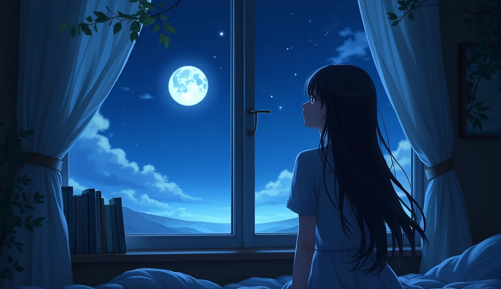 One person, Long Hair, quiet night,indoor,Looking out the window at the starry sky,moonlight,anime,Emotional,
