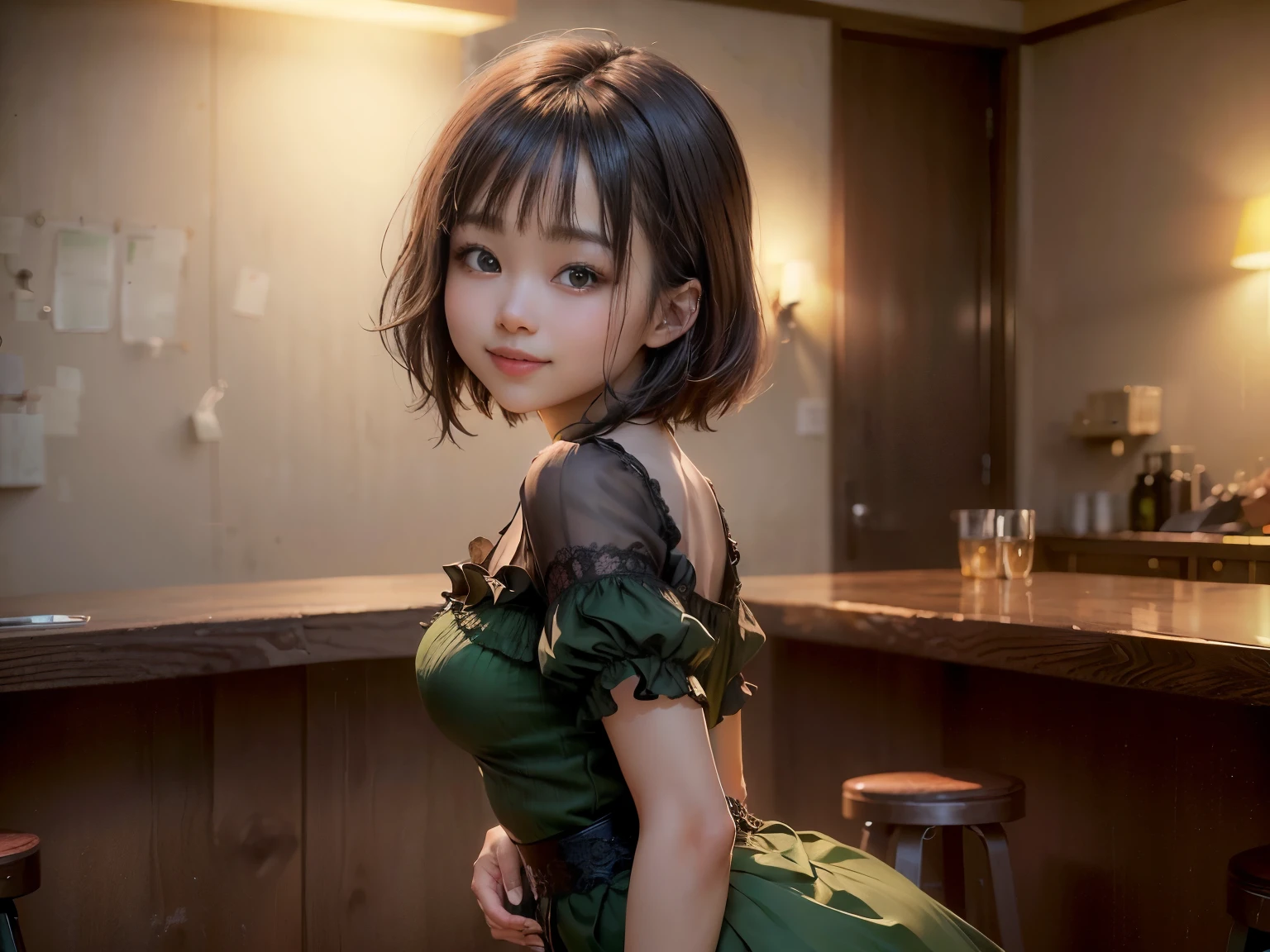 (Highest quality, masterpiece, Ultra-high resolution, 8k, RAW Photos, Realistic, Anatomically correct:1.5), 20-year-old girl:1.2, Embarrassing, avert your eyes, blush:1.0, View Viewer, ((bar)) 、Large windows、Night view、 Light:1.2, Bokeh, Cinema Lighting:1.0, Depth of written boundary, sharp、 Cute Face、Idol、(Black short sleeve lace top)、(Black tulle skirt)、(Green clothes)、”dwarf”、(Full Body Shot)、(Side angle)、Cowboy Shot、( smile)、((Ultra short hair、Berry Short))、(Straight bangs)、((See-through))、(( One woman))、look back、I can see your belly button、