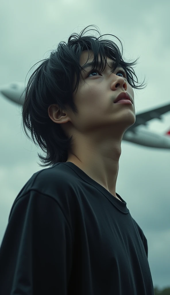 Boy with depression、Japanese、Beautiful Boy、Long Hair、Black T-shirt、Ultra Close-Up、Close-up of face、Real、Jumbo jet just after takeoff、Looking up at the sky、Cloudy、Highest quality、Masterpiece
