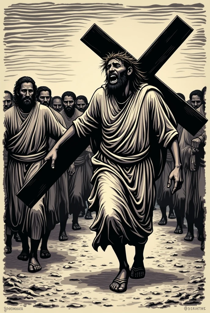Create a woodcut-style image of a man with black features, carrying a cross. He is dressed in typical first century Middle Eastern clothing., Like a simple tunic and sandals. in the head, he wears a crown of thorns. Facial expression should convey deep pain and suffering, reflecting a moment of intense distress. The image should have striking contrast and textured details., characteristics of woodcut, with strong lines and shading to emphasize the expression and emotional charge of the scene.