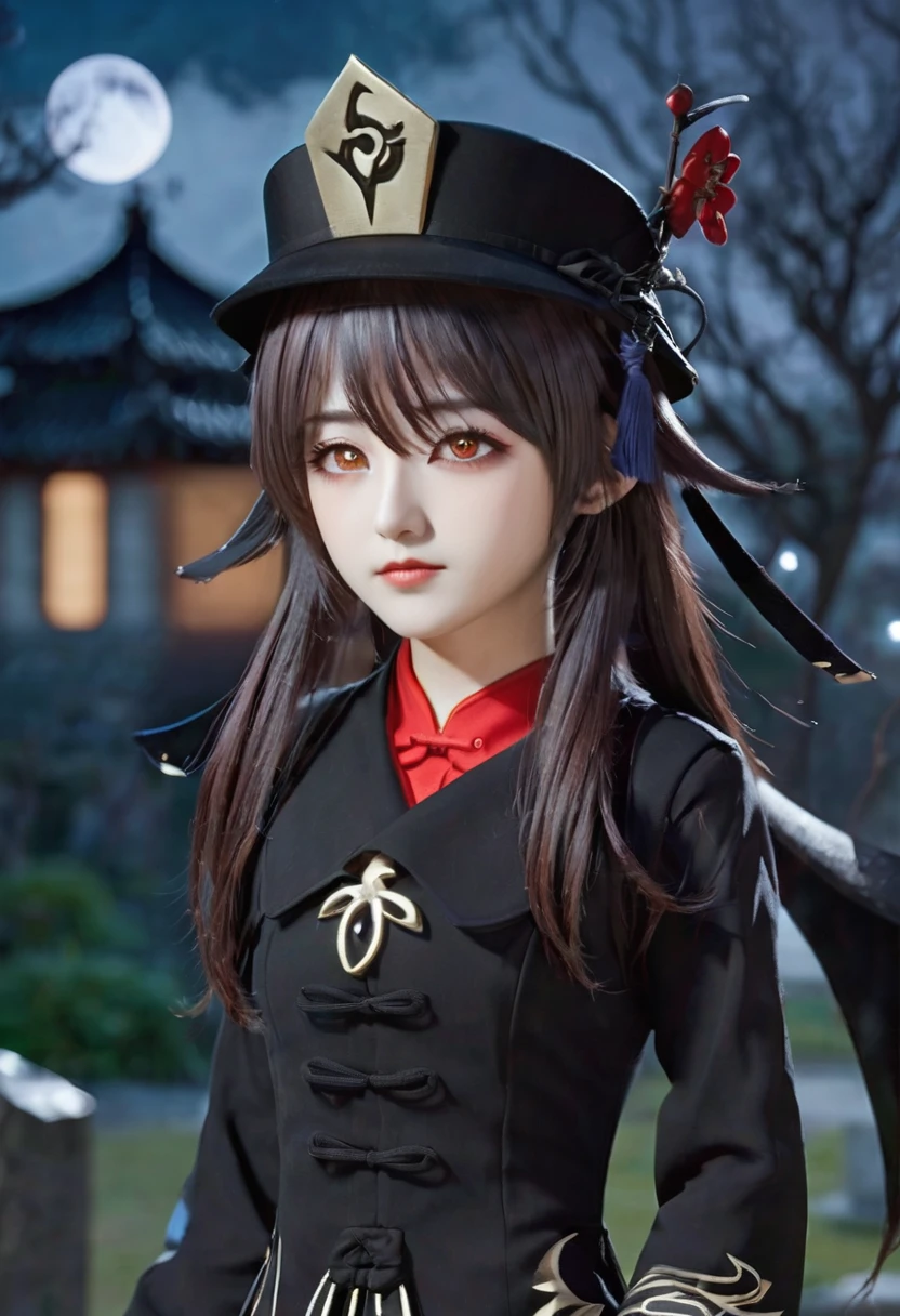 ((Best quality, 8k, Masterpiece :1.3)), Whole body, Sharp focus :1.2, small breast, masterpiece, best quality, 1girl, hu tao (genshin impact), boo tao,hat, red eyes, twintails, brown hair, solo, symbol-shaped pupils, long hair,bangs, black shorts , chinese clothes, holding digital voice recorder, detect ghost, investigates a mist-enshrouded, moonlit graveyard, midnight
