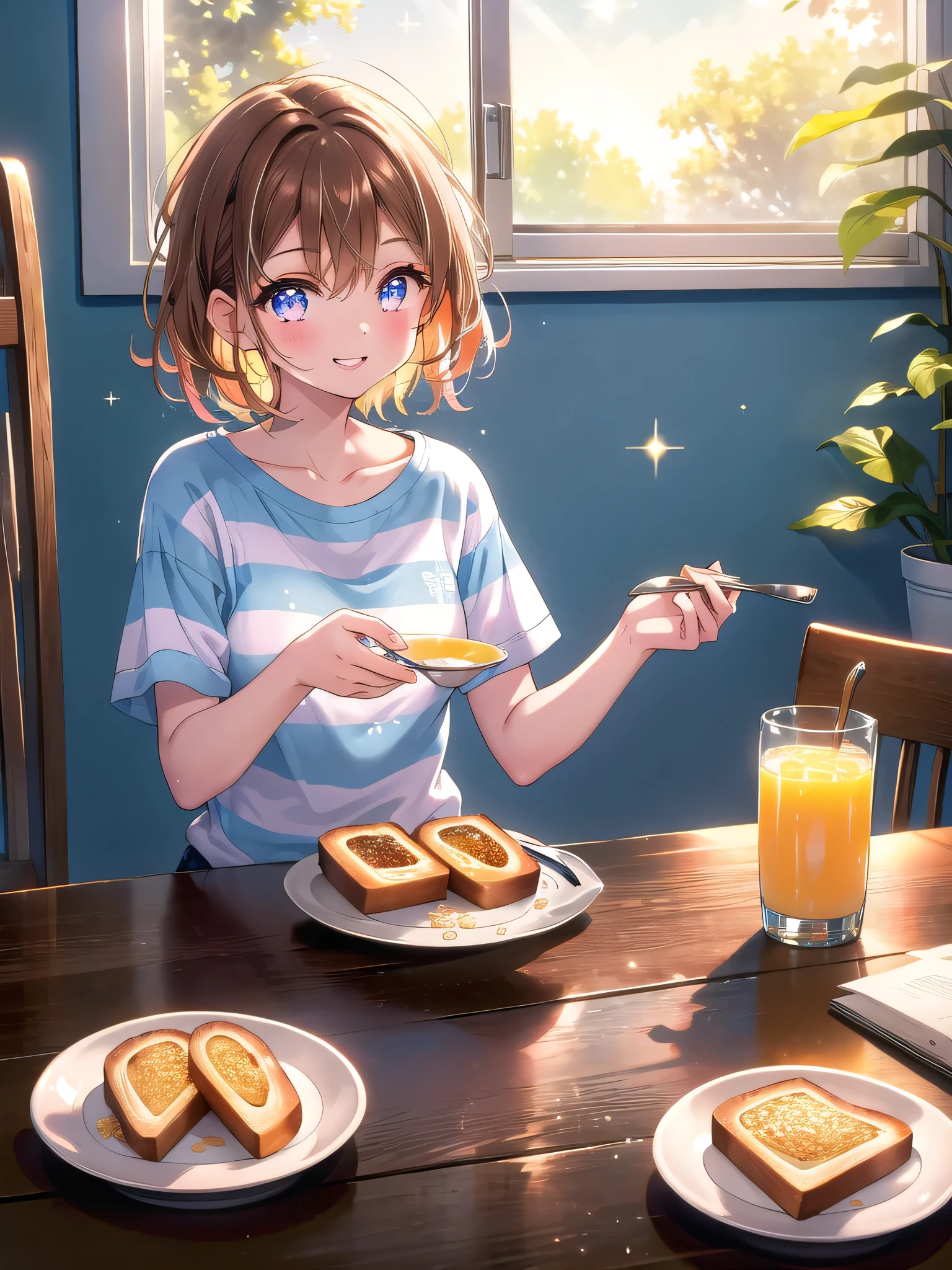 ((8k, Highest quality, masterpiece: 1.3)),Ultra-high resolution,(1 girl, alone), (Color changing eyes, Ultra-detailed, Expressive brilliance, Glitter, Glowing Eyes), Highly detailed eyes, Highly detailed face, Random Hair, ((pastel colour))A young girl with shoulder-length, straight brown hair sits at the kitchen table, enjoying a bowl of cereal. She’s dressed in a simple, striped T-shirt and shorts, her expression bright and cheerful as she looks directly at the camera, a spoonful of cereal halfway to her mouth. Her eyes are wide and full of morning energy, and her lips are curved in a big, happy smile. The kitchen is bathed in the soft light of early morning, with a window letting in a gentle breeze. The table is set with a glass of orange juice and a small plate of toast, adding to the fresh, welcoming atmosphere.