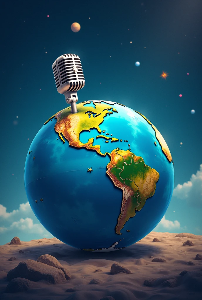Planet Earth with a microphone written on it "Curious&Quest"