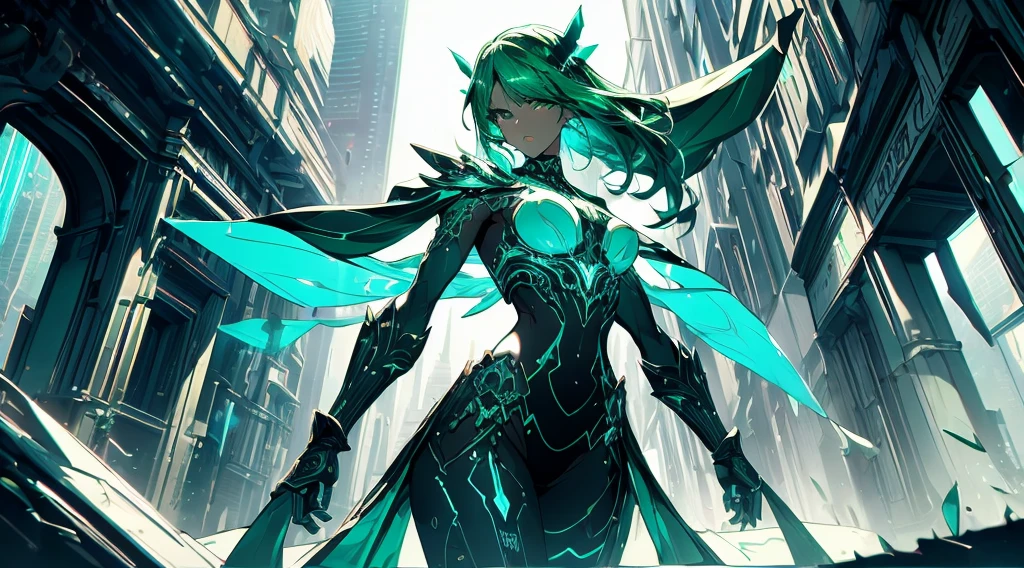 Monochrome Tiffany Blue, Highest quality, very detailed, delicate and dynamic, Three-dimensional effect expressed through light and shadow, Cyberpunk cityscape, Eye-catching effect, modern art, Low-Angle, cinematic angles, looking at the viewer with a love struck expression. Pretty woman in her 20s, young adult, mature girl, detailed face, detailed eyes, pouty lips, full lips, detailed sweaty skin, sweety, thick thighs, athletic female, lean, tall, emerald green eyes, waist length long black hair with emerald green inner hair. Part of the clothing is translucent, translucent parts has a slight illumination, bikini armour, bikini_armour, skimpy outfit, thigh highs, knee-high boots with high heels, choker collar, emerald green circlet, long transparent pelvic curtains, long transparent pelvic_curtain, emerald green skimpy powered exosuit, translucent large raincoat on top, open, standing in a contemplative pose amidst the neon-lit ruins, intimidating expression, textured digital art with muted tones and subtle ambient noise, detailed and intricate illustration, dystopian and gritty yet beautiful, a glimmer of hope in the decay, illuminated character, character lighting,