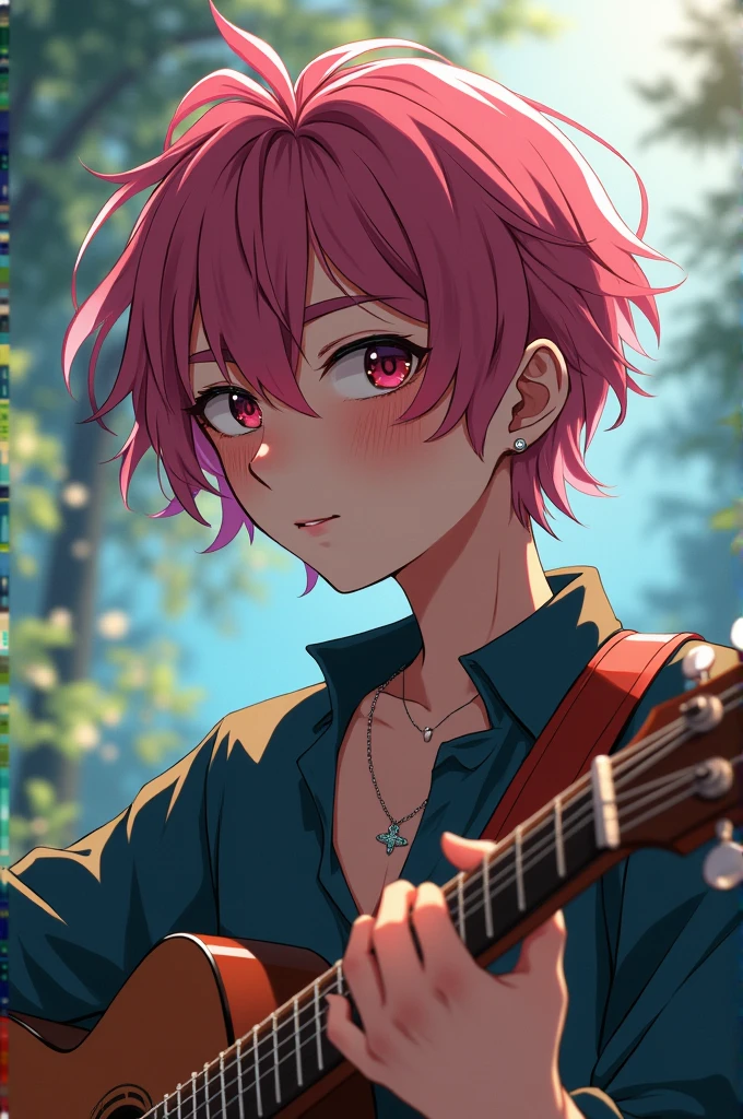 Make a character in the style of bl Given with short wavy hair with the tomboy color, eyebrow piercing is playing guitar