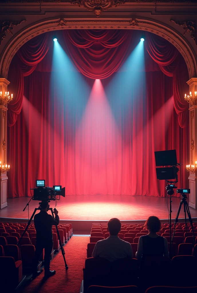 Create a poster of a theatre drama performance with stage on baground with lights camera action without people 