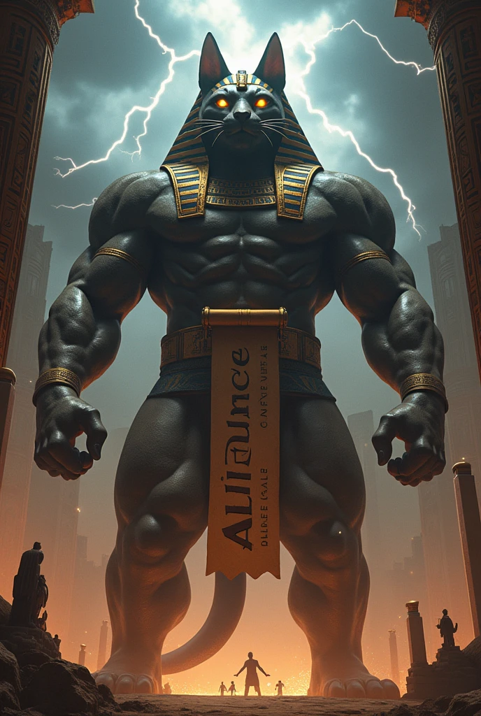 ANGRY Giant Egyptian Cat, holding a text that says alliance egypt