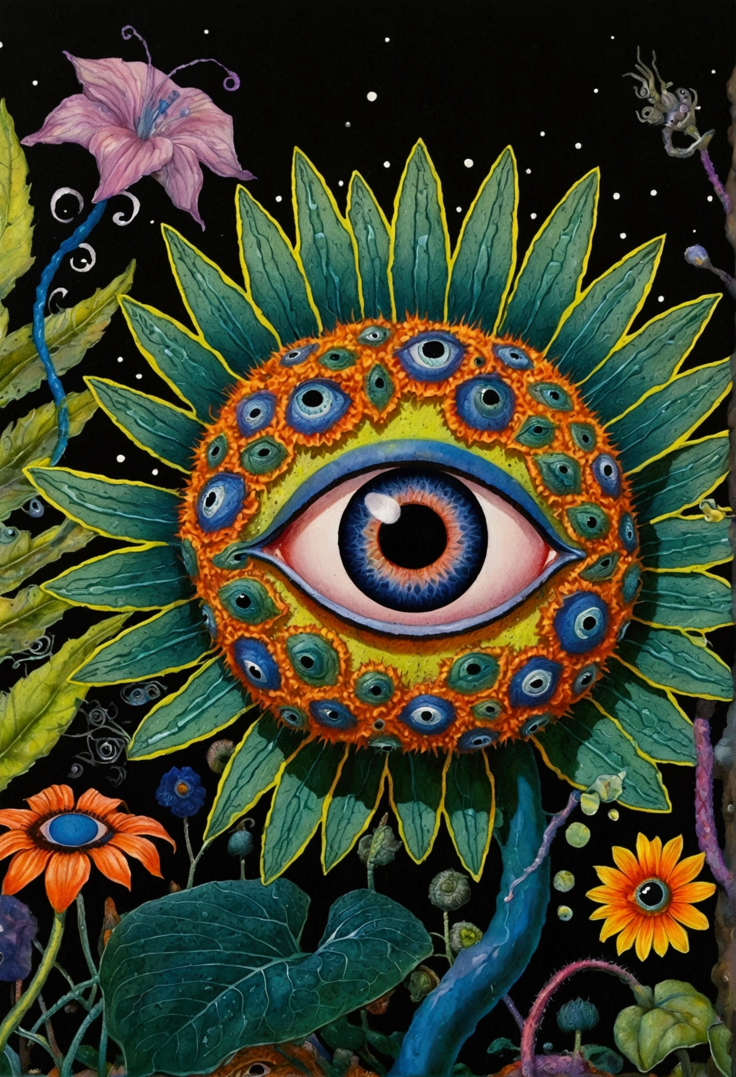 A painting，A flower with big eyes in the painting，Surrounded by plants, Psychedelic surrealist art, The holy grail of the eyes of the brain, Shaman horror LSD art, Psychedelic illustration, Pop surrealism, Surreal psychedelic design, Exotic plants and fauna, Exotic plants, Psychedelic Art, Highly detailed hyperrealistic art, strange plants, hallucinatory art, DMT art, Psychedelic Artwork