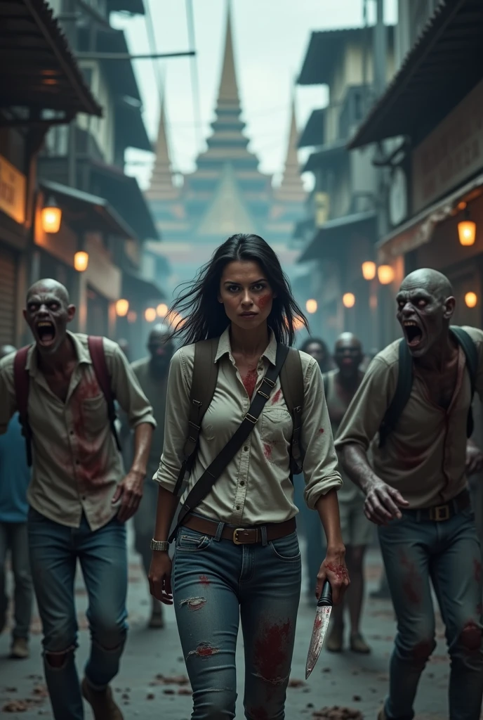 A woman clothes stained with blood, hand holding knife, carry a backpack. The area is Thai urban street with tuk-tuk car behind. Zombies are around trying to reach her. The background is Thai temple