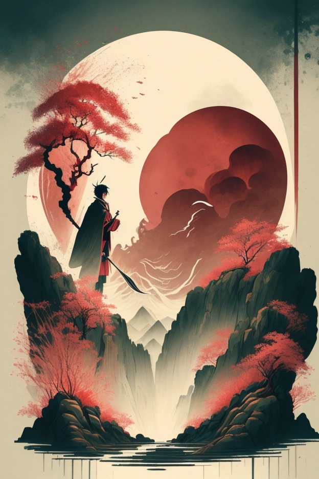Upper Rank One Yoriichi Tsugikuni、landscape,Holding a long-handled sickle against the background of a red moon,The moonlight is in the middle of his body、He has a skeletal ghost face。