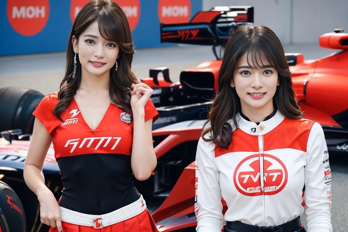(masterpiece), ( MotoGP Racing Girls), (eyeliner:0.5),(blush:0.5), Black Hair, A faint smile, beautifully繊細な少女を指す, Highly detailed eyes and face, beautifully繊細な目, , ((Event List)), (MotoGP track background), (Highest quality, High resolution, reality, original, 8k,masterpiece, ),(((Dynamic pose))),(((Center Perspective))),(((Show the underside of the chest ))),(((Red miniskirt lift))),(((Bare inner thighs))),(((F1 cars on display))), (Vibrant colors:1.2), (beautifully),