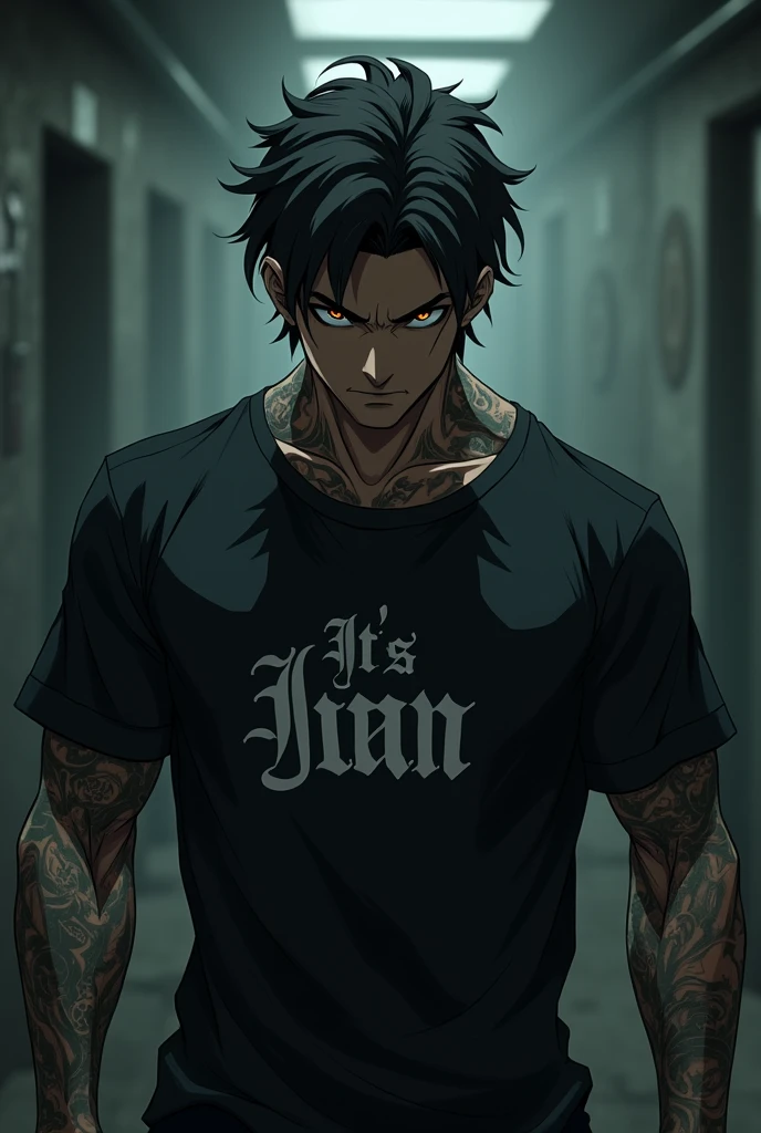 Dark anime character tattooed Chinese man with the letters "It's ian" on the t-shirt with a dark background smoking