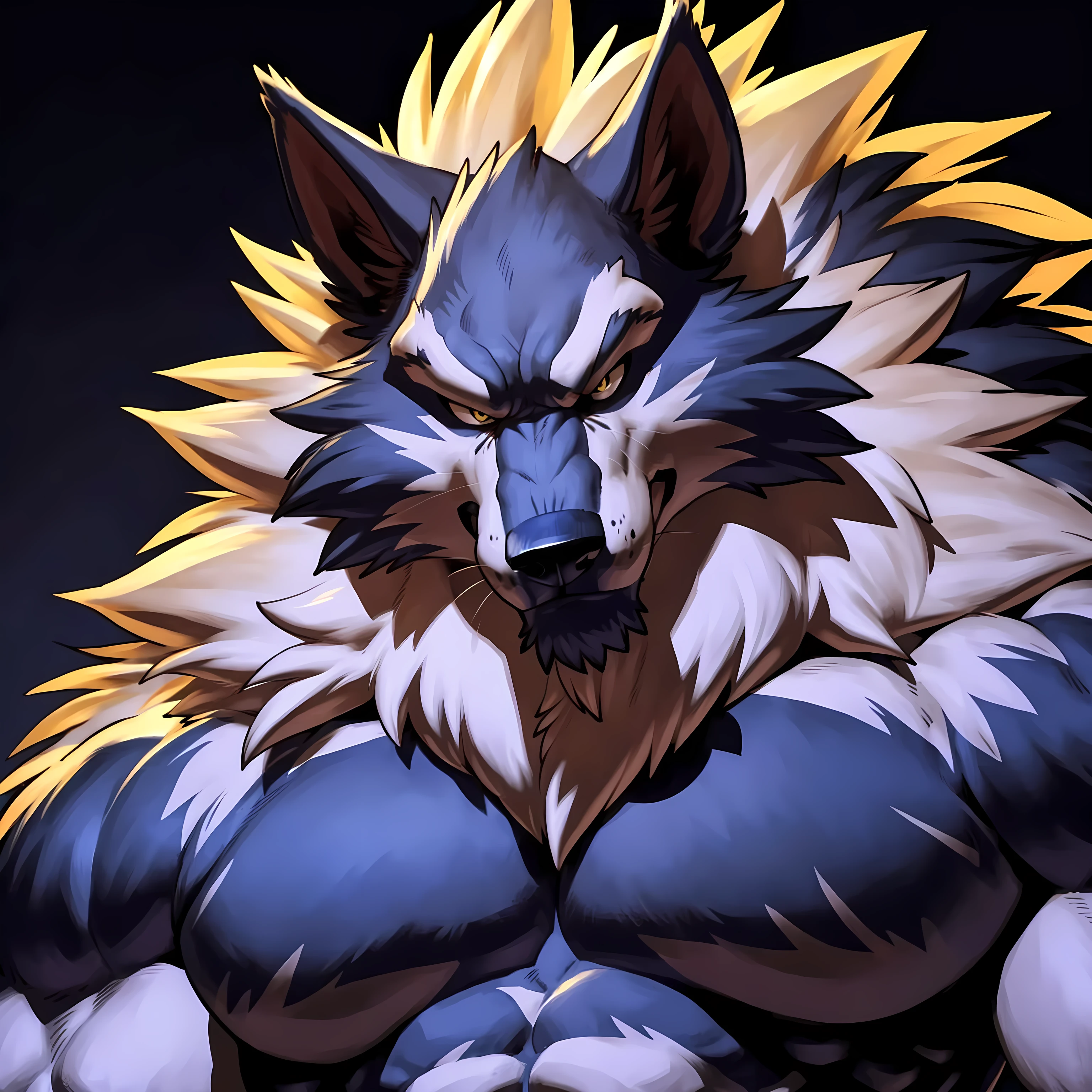 gallon, werewolf, 4k, high resolution, best quality, detailed, posted on e621, solo, anthro body, male, very masculine, (very muscular, strong pectorals, defined muscles, sixpack, big shoulders, wide shoulders, wide chest):1.0, simple background, correct anatomy, (yellow eyes, detailed eyes:1.1), (cel shaded, cartoony shading, strong shadows, dramatic lighting):1.3, confident, (by takemoto arashi, by meesh, by Taran Fiddler), powerful stance, strong, big mane, mwvector, upper body, close-up, detailed face