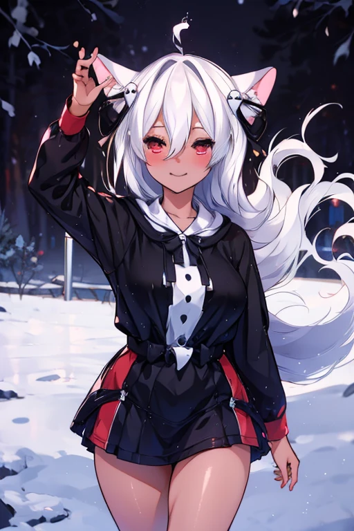 Produce an anime-style image, The girl, skin black, , it has ((Red eyes)) charming. {dark-skinned} hair as white as snow, The girl de corpo inteiro, Possession of a goddess