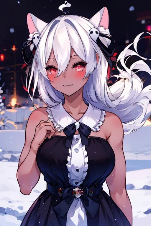 Produce an anime-style image, The girl, skin black, , it has ((Red eyes)) charming. {dark-skinned} hair as white as snow, The girl de corpo inteiro, Possession of a goddess