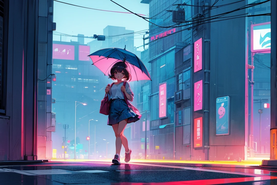 city pop style,a girl is walking,night
