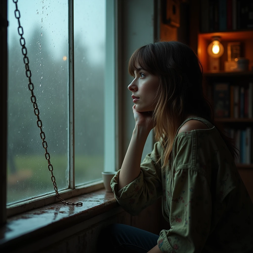 8k,RAW photo, ultra high res, realistic photo, extremely quality photo, sharp focus, epic realism, realisitic, Create a scene where a young woman is sitting by a window, looking out at a rainy day. The window should be rain-streaked, with droplets visible on the glass. The person, dressed in 1960's Woodstock casual, reflective attire, should be depicted with a contemplative or melancholic expression, as if deep in thought. The room should have a cozy, introspective atmosphere, with soft, muted lighting and perhaps a few personal items around. Convey a sense of being weighed down or held back, symbolized by an abstract representation of a 'ball and chain' effect—this could be visualized through metaphorical elements like shadows, chains, or a subtle overlay that suggests emotional heaviness