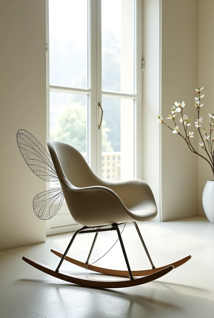 Imagine the rocking chair with the existing design, that mixes elements of the Shaker style with Art Nouveau, com linhas suaves e curvas elegantes. sada, at the feet of the chair, instead of continuous and circular lines, let's incorporate dragonfly wings.
The wings could be delicately stylized, made of steel or metal. These wings would extend from the legs of the chair outwards., creating an effect of lightness and movement, as if the chair was about to take flight.
The wings could have engraved or carved details, like veins or textures, that resemble the real structure of a dragonfly's wings. Furthermore, the wing structure could be reinforced with a thin, elegant metal, to ensure that they are both decorative and functional.
This design would create a piece that combines natural elements with a futuristic and artistic touch., maintaining the essence of the chair's original style.
