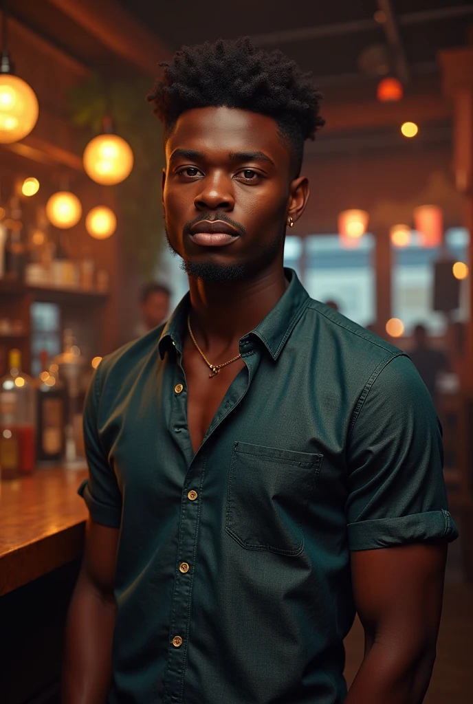 Jeune homme africain vêtu d’une belle chemise dans un bar