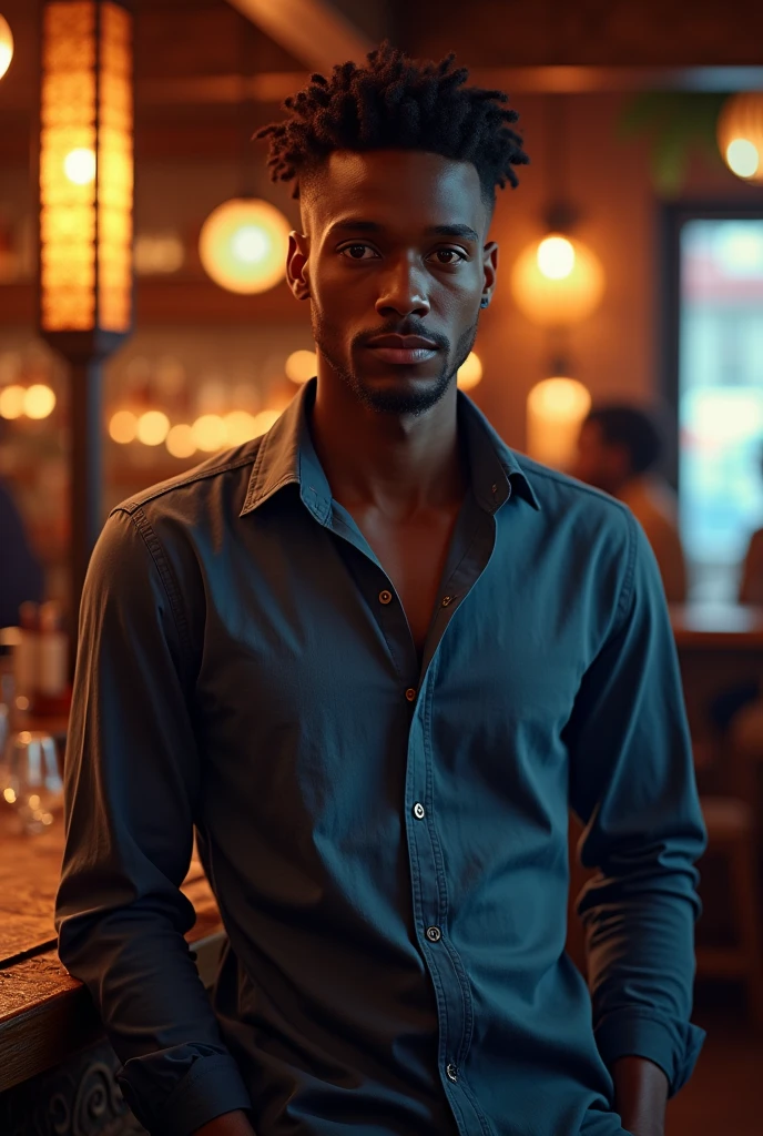 Jeune homme africain vêtu d’une belle chemise dans un bar
