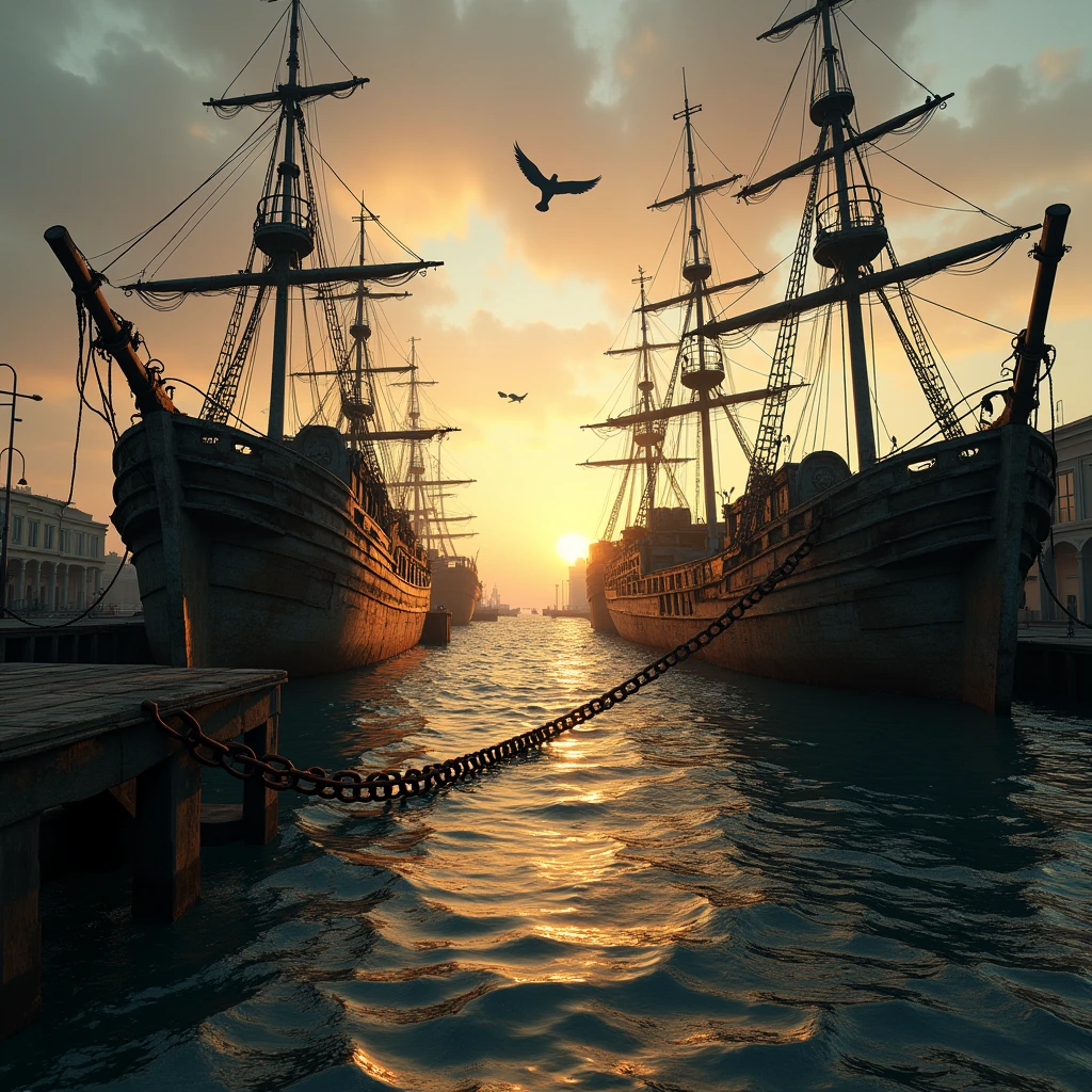 a deserted harbor, rusty chains connecting ships, lapping waves, seagulls, sunset, golden water, detailed environment, cinematic lighting, moody atmosphere, photorealistic, 8k, high quality