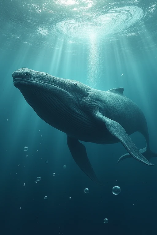 ((Highest quality)), ((masterpiece)), (detailed), Very realistic、In the beautiful water、Big whale、Dynamic swimming、Fantasy、mysterious、Air bubbles、