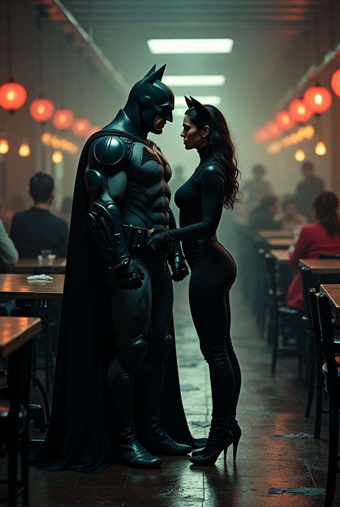 Batman next to Catwoman, sitting in a canteen, leaving the canteen