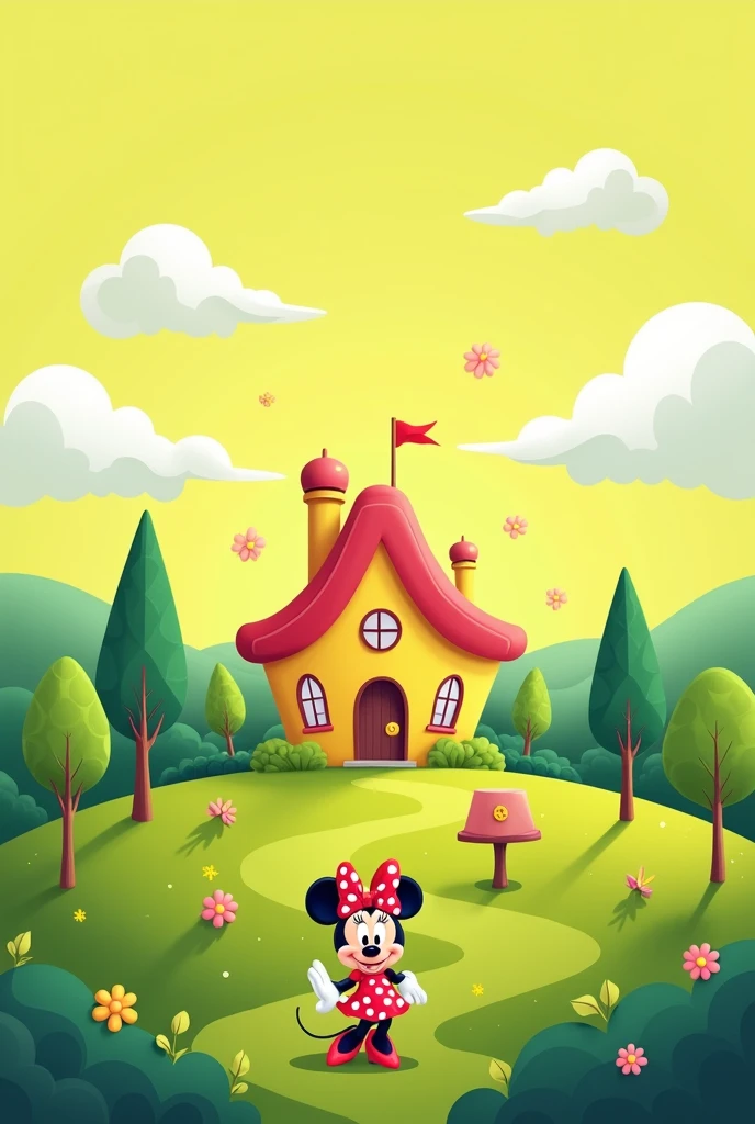 For a cover,  a lemon green background landscape. With Minnie Mouse and her big house.  Clouds and trees. Let the whole image look good without gradient