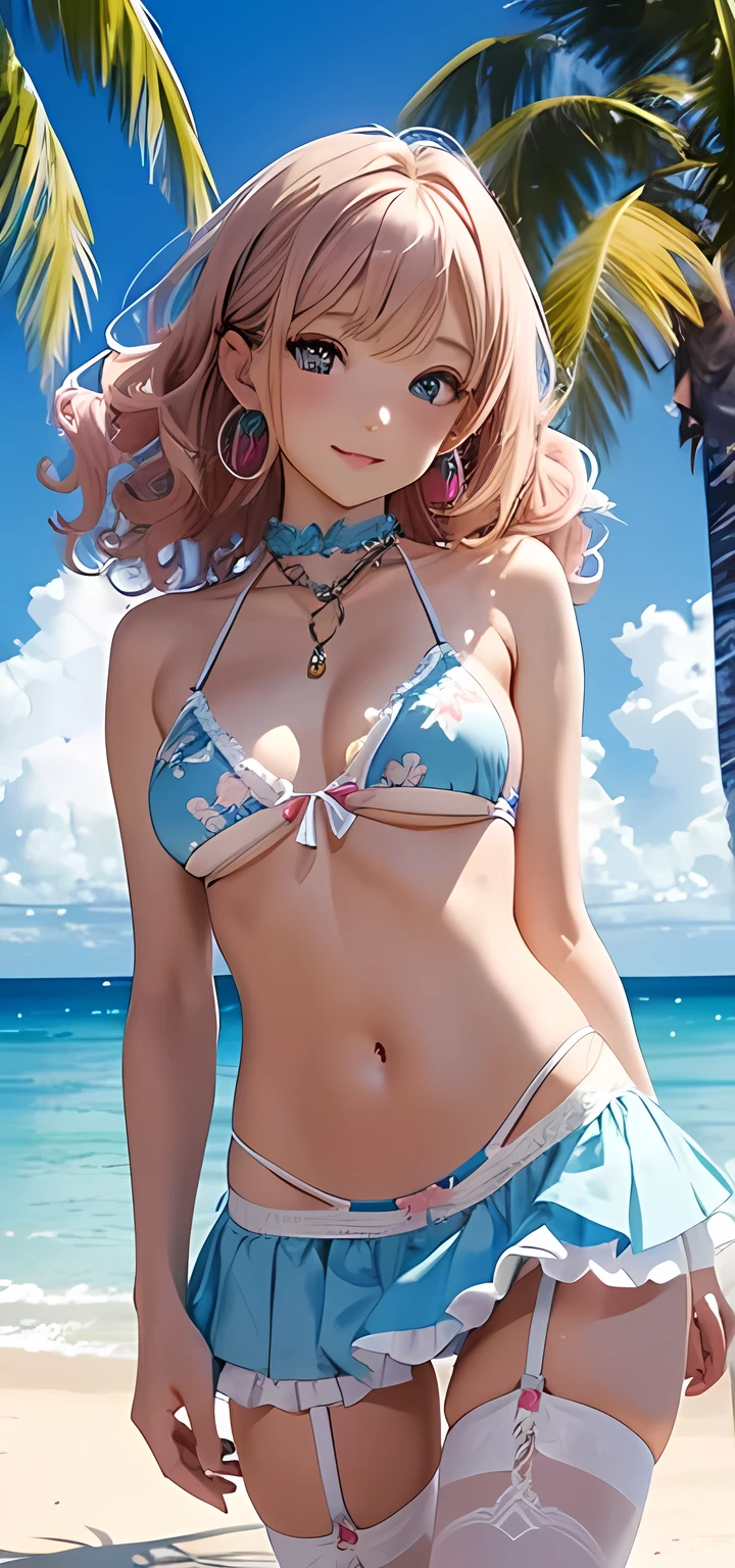 masterpiece,Ultra-high resolution、Highest quality、Sexy pose、On a tropical beach、The body is wrapped around with string、blonde、Curly Hair:1.2, blue eyes, smile、Tilt your head、Large gemstone earrings and chokers:1.5,、Chain belt、Spread your legs、Model walking、Small breasts、The body is very slim、skinny、Super tight waist、Thin thighs、Cowboy Shot、 Light blue, white and pink floral frilled bikini、skirt-style bikini、Ribbon Garter:1.4