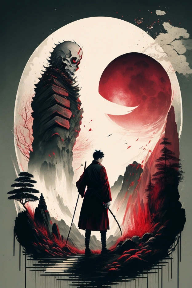 Upper Rank One Yoriichi Tsugikuni、landscape,Holding a long-handled sickle against the background of a red moon,The moonlight is in the middle of his body、He has a skeletal ghost face。