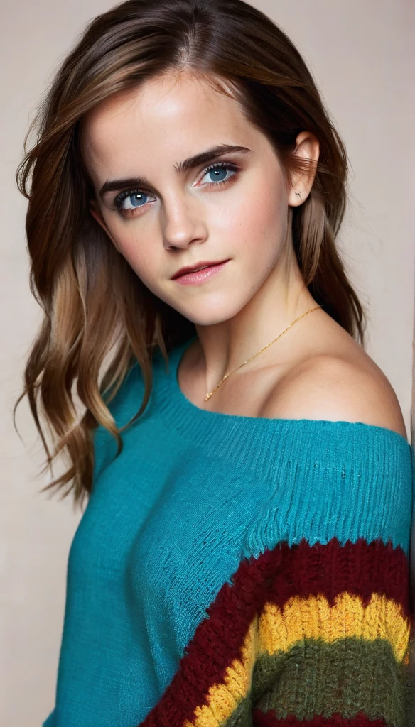 an eye contact of a brunette with hair, blue colored eyes, ((Emma watson)) 1, Big Breasts, Long Hair:1.5, flirting with the camera, necklase, Off The Shoulder, colorful sweater, topless